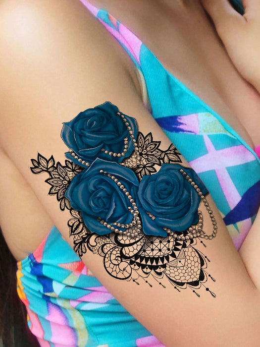 1 hoja de tatuaje temporal falso con diseño de flor de rosa azul para mujer - Quierox - Tienda Online