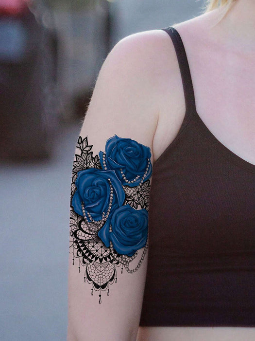 1 hoja de tatuaje temporal falso con diseño de flor de rosa azul para mujer - Quierox - Tienda Online