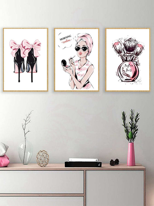 3pcs/set Girl Makeup, High Heels, Abstract Painting Canvas Wall Art For Living Room. - Quierox - Tienda Online