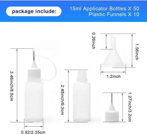 50 botellas aplicadoras de punta de precisión de 0.5 onzas con 10 embudos de plástico - Quierox - Tienda Online