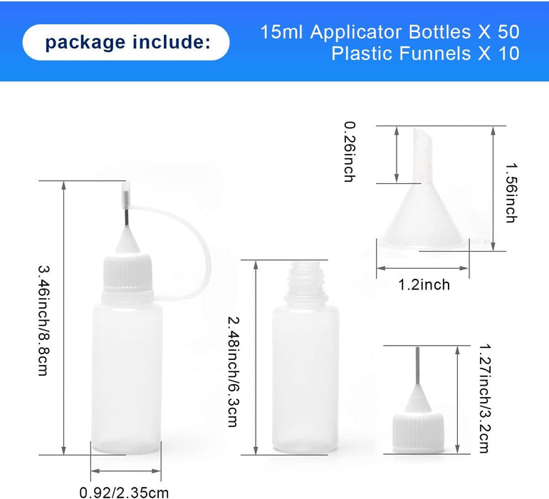 50 botellas aplicadoras de punta de precisión de 0.5 onzas con 10 embudos de plástico - Quierox - Tienda Online