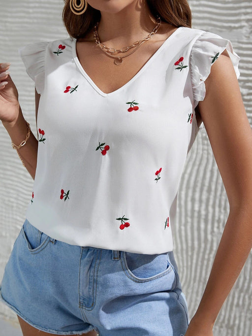 Blusa con mangas con volantes y bordado de cerezas francesas de SHEIN - Quierox - Tienda Online