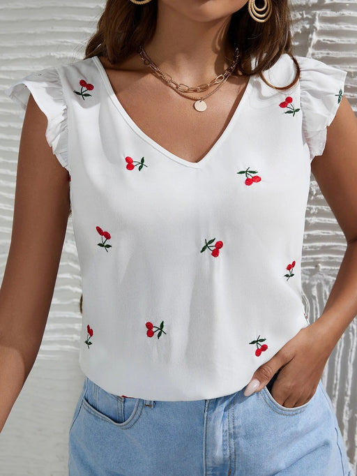 Blusa con mangas con volantes y bordado de cerezas francesas de SHEIN - Quierox - Tienda Online