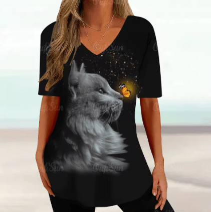 Camiseta de manga corta con estampado de gato para mujer - Quierox - Tienda Online