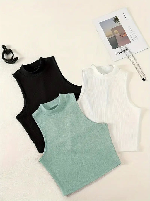 Conjunto de 3 tops de cuello alto en colores lisos, tops casuales sin mangas para verano - Quierox - Tienda Online