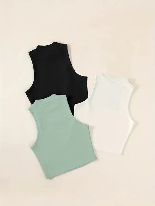 Conjunto de 3 tops de cuello alto en colores lisos, tops casuales sin mangas para verano - Quierox - Tienda Online