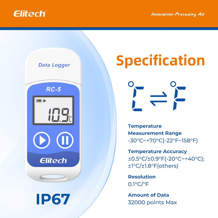 Elitech RC-5 Registrador de datos de temperatura USB 32000 puntos de alta precisión - Quierox - Tienda Online