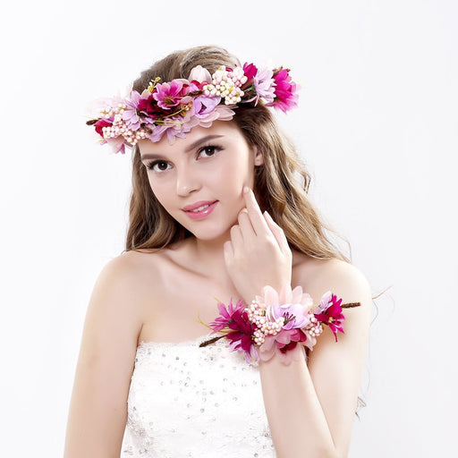 Ever Fairy set de diadema de flores con cinta muñequera tipo guirnalda para boda, talla única - Quierox - Tienda Online