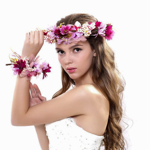 Ever Fairy set de diadema de flores con cinta muñequera tipo guirnalda para boda, talla única - Quierox - Tienda Online