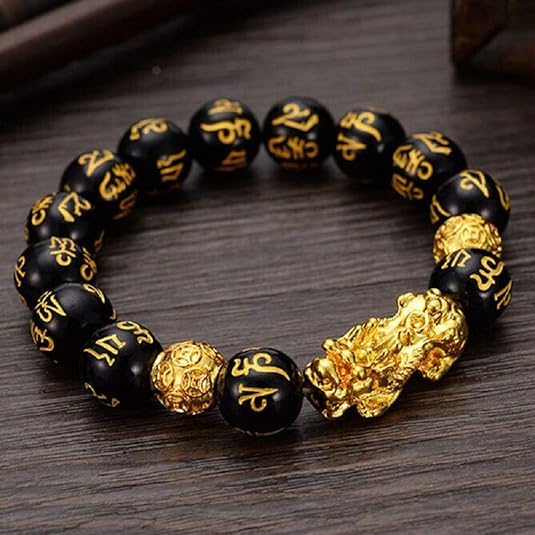 Feng Shui - Pulsera unisex con cuentas de piedra de obsidiana, dorada y negra - Quierox - Tienda Online