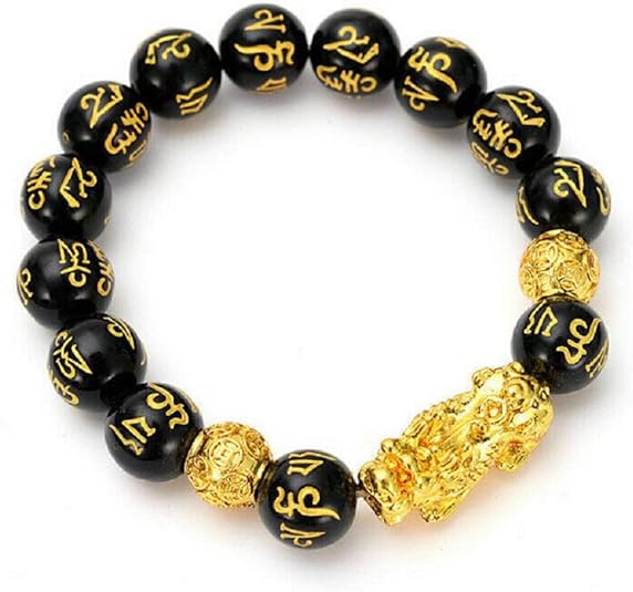 Feng Shui - Pulsera unisex con cuentas de piedra de obsidiana, dorada y negra - Quierox - Tienda Online