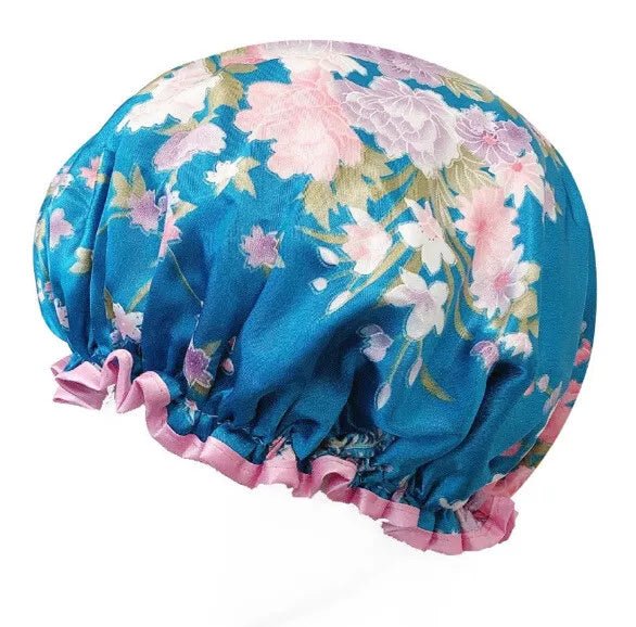 Gorra de ducha de satén envuelvente de moda, clavel rosa floral azul real - Quierox - Tienda Online