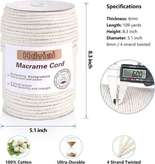 Hdviai Cuerda de macramé natural sin blanquear - Cuerda de algodón trenzado de 4 hebras - Quierox - Tienda Online