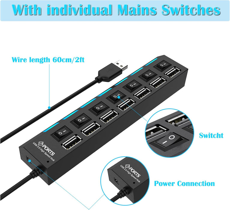 Hub USB de 7 puertos USB 2.0, transferencia de datos con interruptores individuales Luces indicadoras - Quierox - Tienda Online