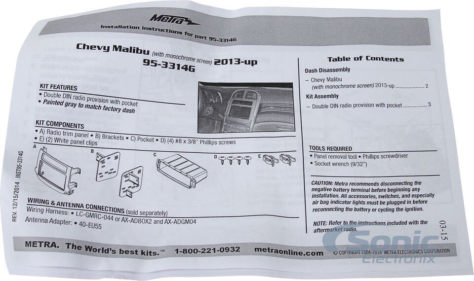 Kit de tablero Metra 95 - 3314G doble DIN para la selección de vehículos Chevy Malibu 2013 - Up - Quierox - Tienda Online