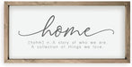 Letrero de pared de madera enmarcado con texto en inglés "Home A Story Of Who We Are" - Quierox - Tienda Online