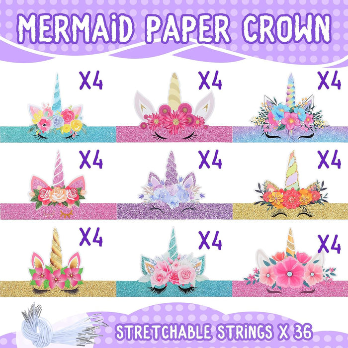 Paquete de 36 Diademas de Corona de Fiesta de Papel de Unicornio, 9 Estilos - Quierox - Tienda Online