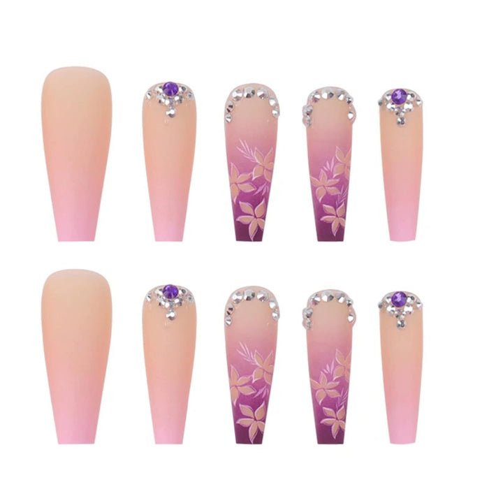 RUNRAYAY Uñas postizas francesas con flores moradas con diamantes de imitación - Quierox - Tienda Online