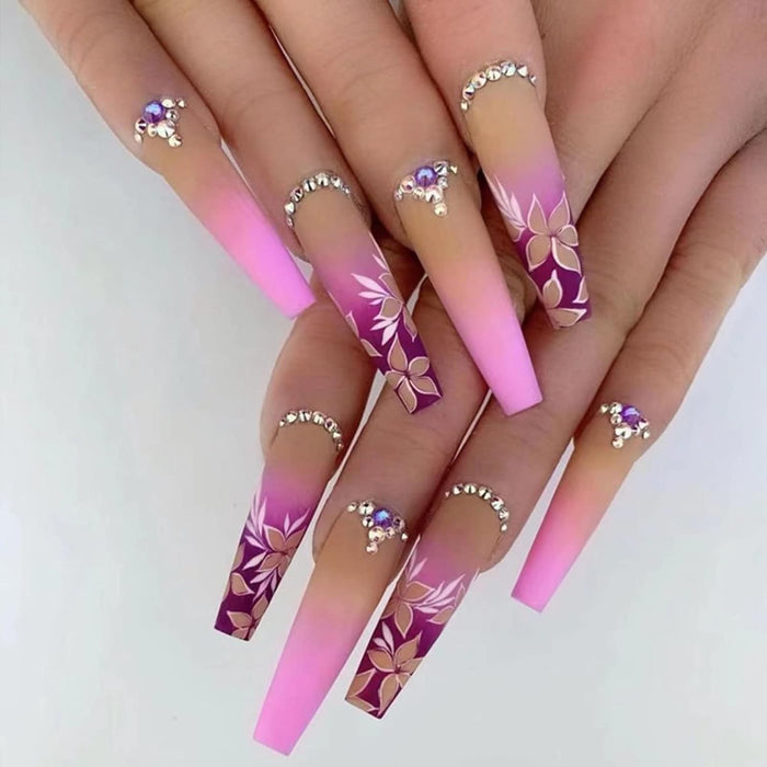 RUNRAYAY Uñas postizas francesas con flores moradas con diamantes de imitación - Quierox - Tienda Online