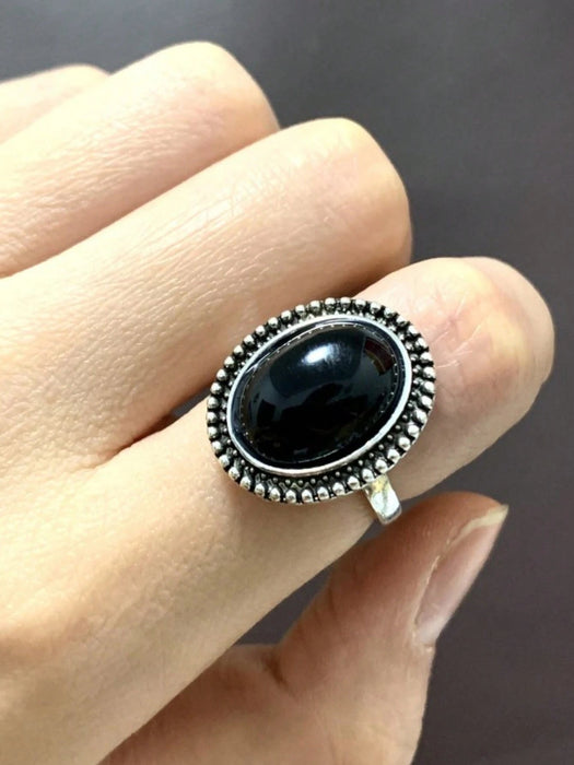 Shein Anillo negro oscuro bohemio, piedra de ágata redonda exagerada - Quierox - Tienda Online