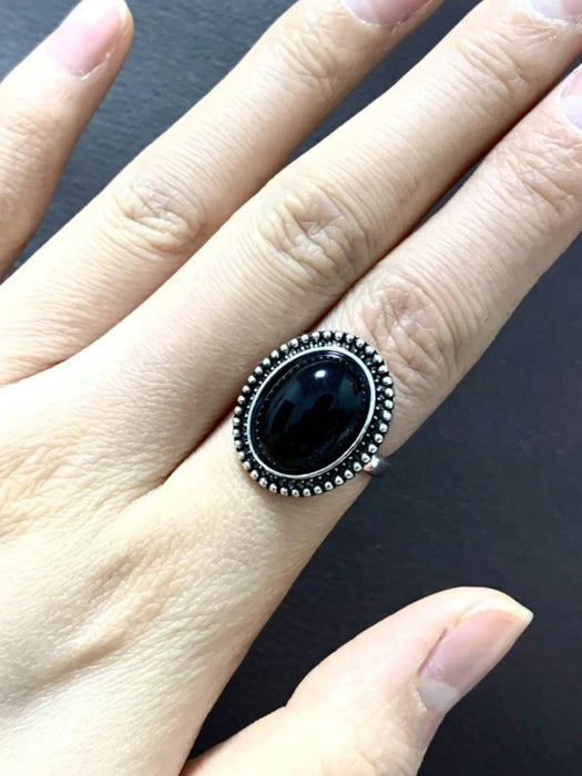 Shein Anillo negro oscuro bohemio, piedra de ágata redonda exagerada - Quierox - Tienda Online