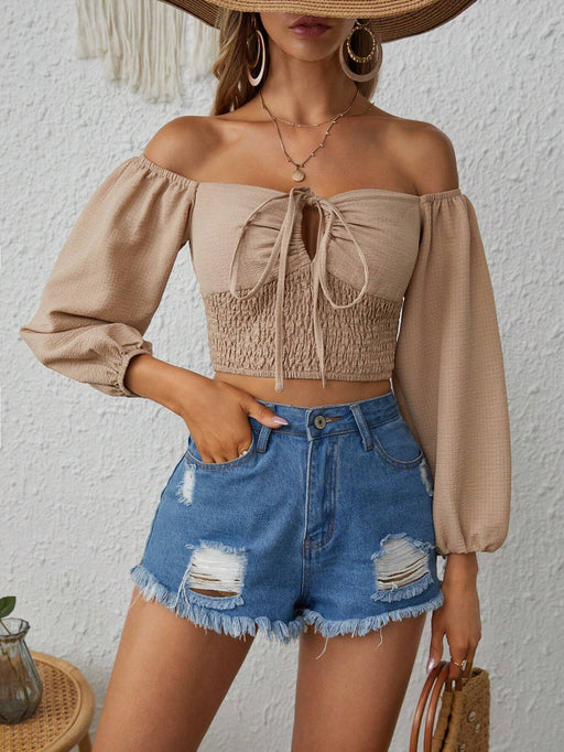 SHEIN Blusa corta con mangas farol y nudo en la parte delantera con hombros descubiertos - Quierox - Tienda Online