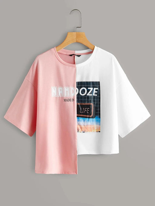 SHEIN Camiseta color block Namdoze con estampado de dobladillo escalonado para niña - Quierox - Tienda Online