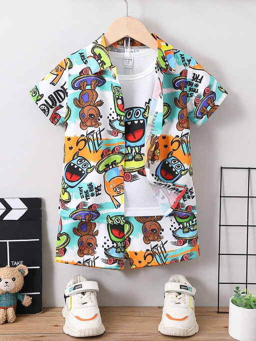 SHEIN Conjunto de dos piezas con cuello regular, con estampado de letras y dibujos, para niño pequeño para verano - Quierox - Tienda Online