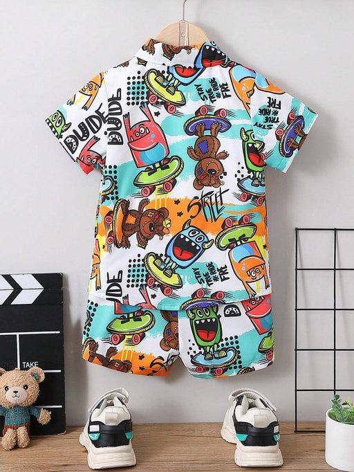 SHEIN Conjunto de dos piezas con cuello regular, con estampado de letras y dibujos, para niño pequeño para verano - Quierox - Tienda Online