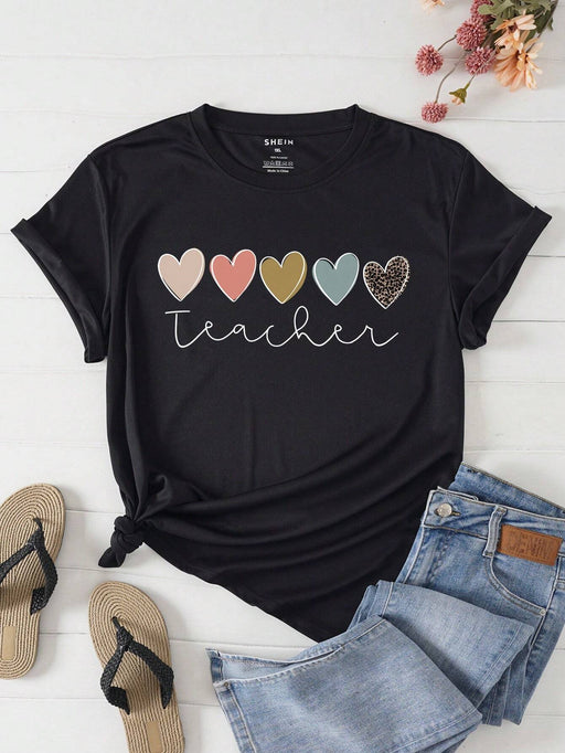 SHEIN EZwear Plus Camiseta con estampado de letras y corazones - Quierox - Tienda Online