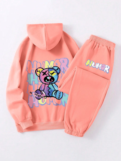 SHEIN EZwear Sudadera y pantalón deportivo con forro térmico y cordón con gráfico de letras y osos - Quierox - Tienda Online