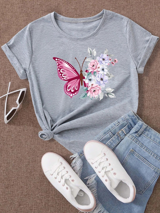 SHEIN LUNE Camiseta con estampado floral con mariposa - Quierox - Tienda Online