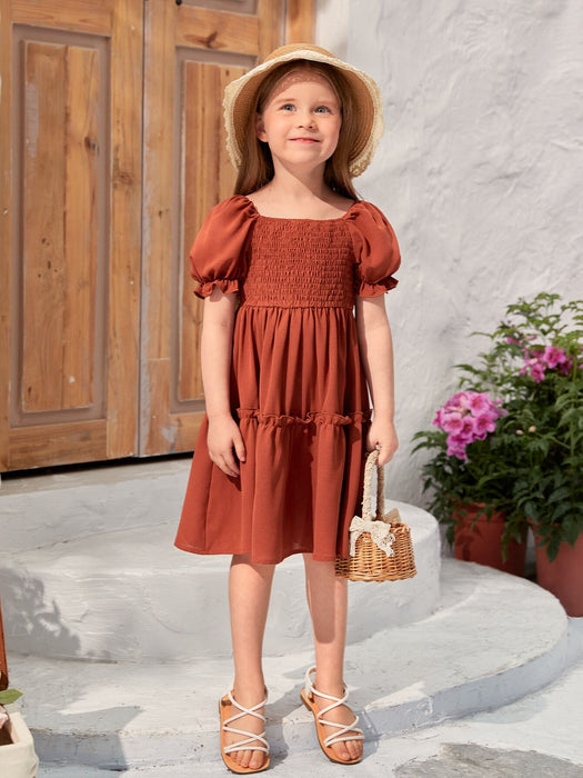 Shein Vestido con escote cuadrado y mangas abullonadas y dobladillo con volantes para niña - Quierox - Tienda Online