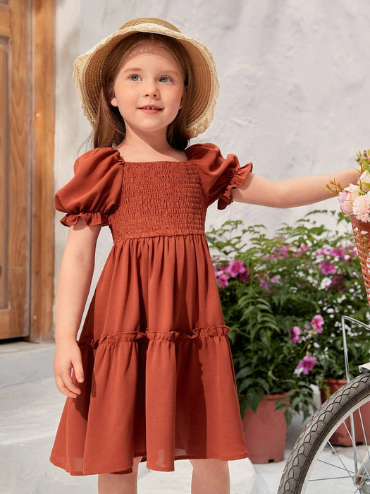 Shein Vestido con escote cuadrado y mangas abullonadas y dobladillo con volantes para niña - Quierox - Tienda Online