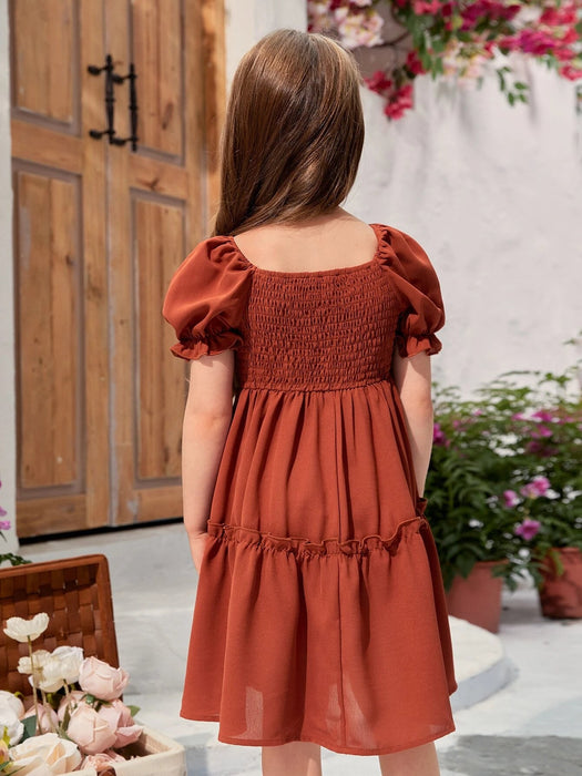 Shein Vestido con escote cuadrado y mangas abullonadas y dobladillo con volantes para niña - Quierox - Tienda Online