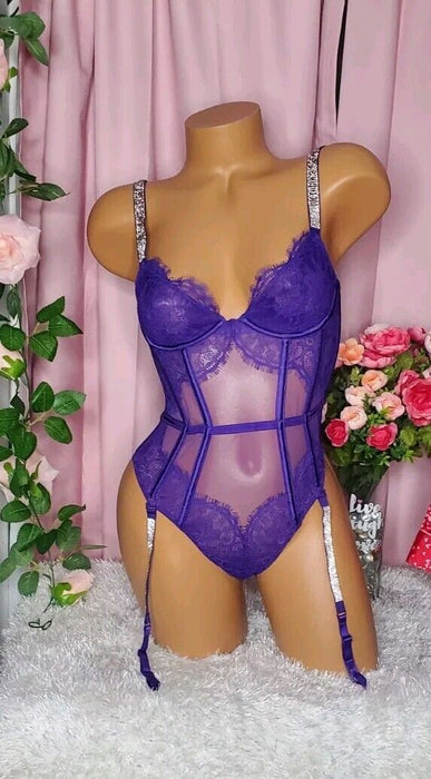 Victoria Secret Lenceria Body Purpura con Brillo Liguero Quierox Tienda Online