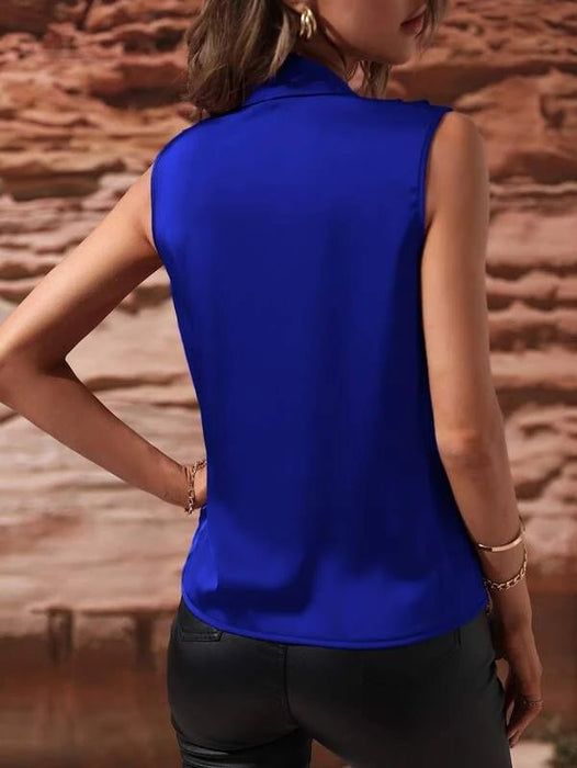 Blusa de satén sin mangas con cuello superpuesto fruncido liso - Quierox - Tienda Online