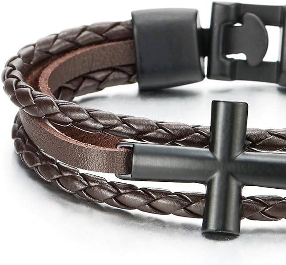 COOLSTEELANDBEYOND Pulsera de cuero trenzado marrón horizontal para hombre y mujer - Quierox - Tienda Online