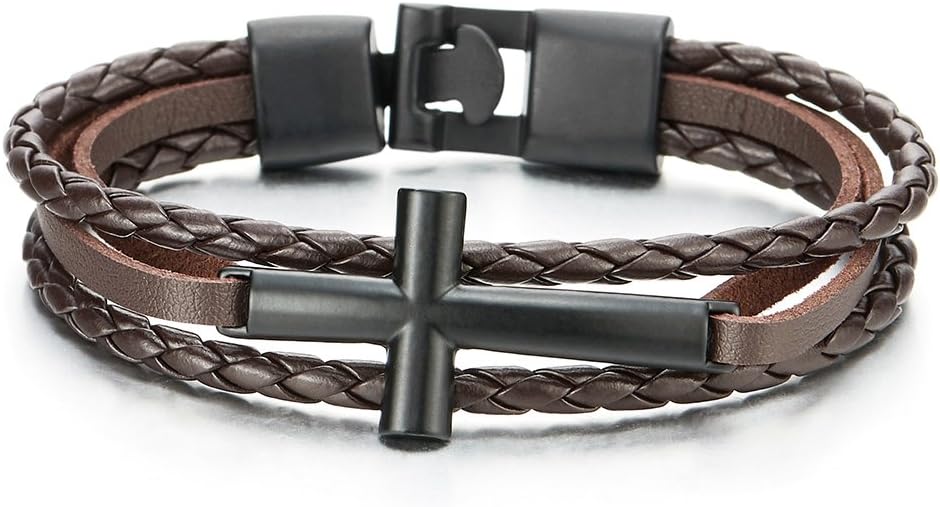 COOLSTEELANDBEYOND Pulsera de cuero trenzado marrón horizontal para hombre y mujer - Quierox - Tienda Online