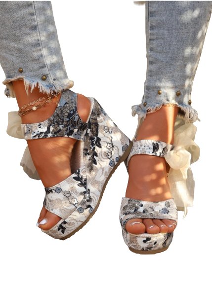 Sandalias cuña con patrón floral tira tobillera - Quierox - Tienda Online