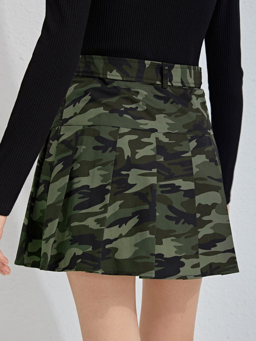 SHEIN Chicas adolescentes Falda de camuflaje plisada con cinturón con hebilla - Quierox - Tienda Online