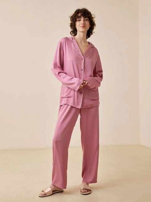 SHEIN Luvlette Conjunto De Pijama Con Doble Bolsillo Ribete En Contraste De Homb - Quierox - Tienda Online