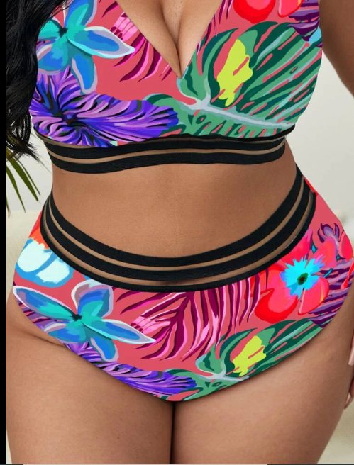 SHEIN Panty De Bikini Con Estampado Tropical De Malla En Contraste para mujer - Quierox - Tienda Online